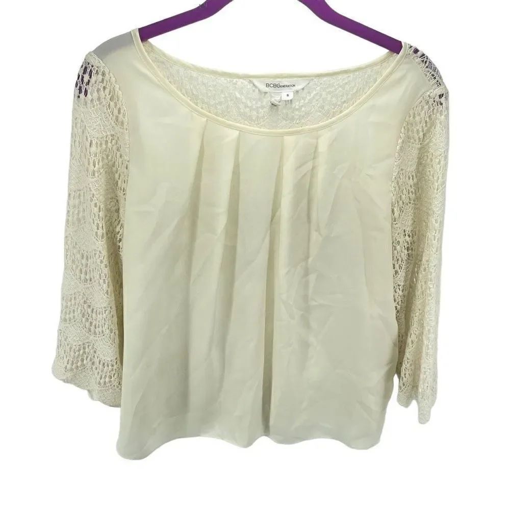 BCBGeneration Womens Lace Top Blouse 3/4 Sleeve Scoopneck Pleated Cream Small